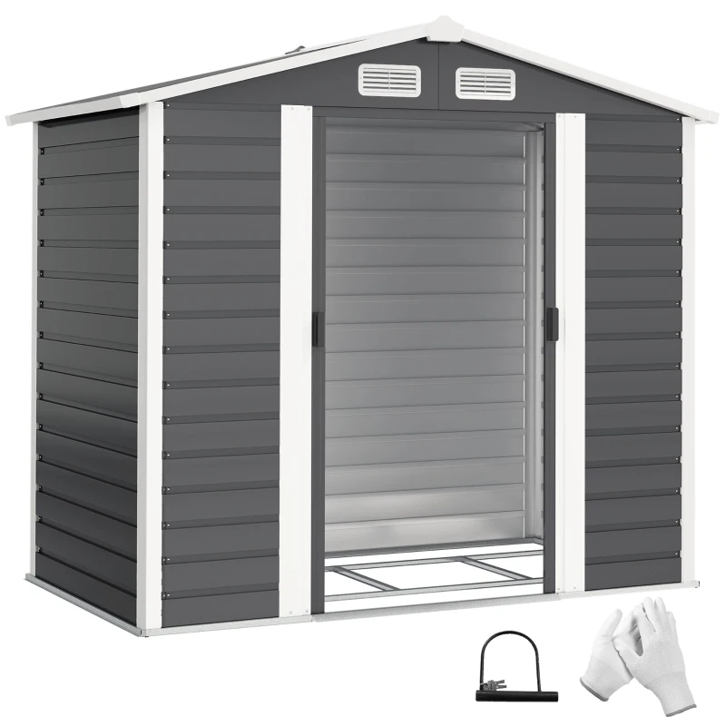 Outsunny 7 x 4ft Garden Shed, Easy to Assemble, Upgraded Galvanised Steel Frame with Foundation Kit, Double Doors with Lock, Outdoor Metal Shed with Vents and Gloves, Garden Storage Shed, Dark Grey
