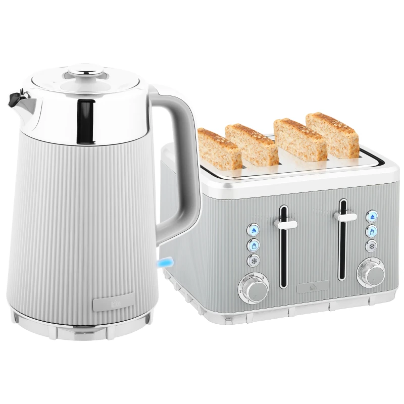 HOMCOM Electric Stainless Steel Kettle and Toaster Set, 3000W 1.7L UK Strix Thermostat Fast Boil Kettle w/ Limescale Filter, Cool Touch Body, 4 Slice Toaster with 7 Browning Levels, Taupe