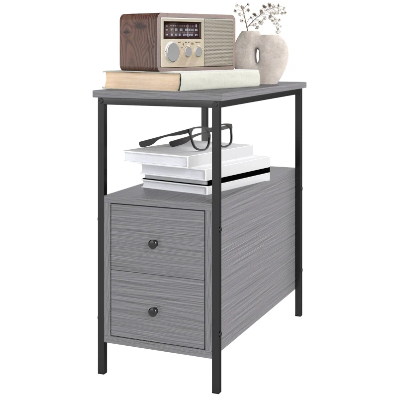 HOMCOM Side Table, Narrow Bedside Table with 2 Drawers and Storage Shelf, Industrial End Table with Metal Frame for Small Spaces, Grey Wood Grain