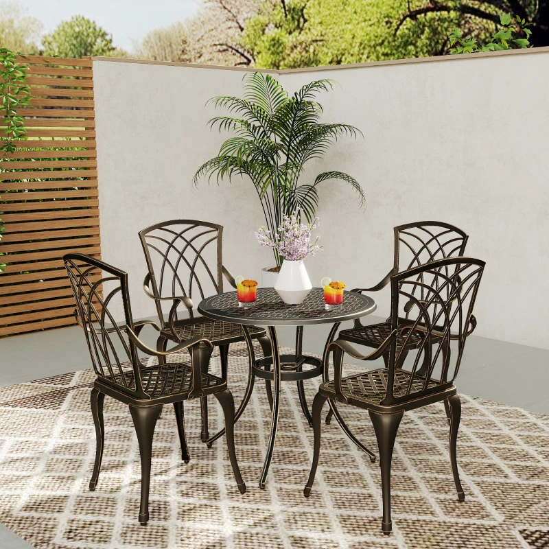 Outsunny 5 Pieces Garden Dining Set for 4, Cast Aluminium Outdoor Dining Set with 4 Armchairs and Round Dining Table with Parasol Hole, Garden Furniture Bistro Set, Bronze Tone