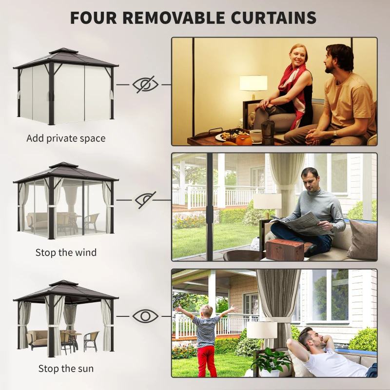 Outsunny 3 x 3(m) Hardtop Gazebo Canopy with UPF30+ Double Polycarbonate Roof, Aluminium Frame Garden Gazebo Permanent Pavilion with Mosquito Netting and Curtains for Patio, Deck, Beige