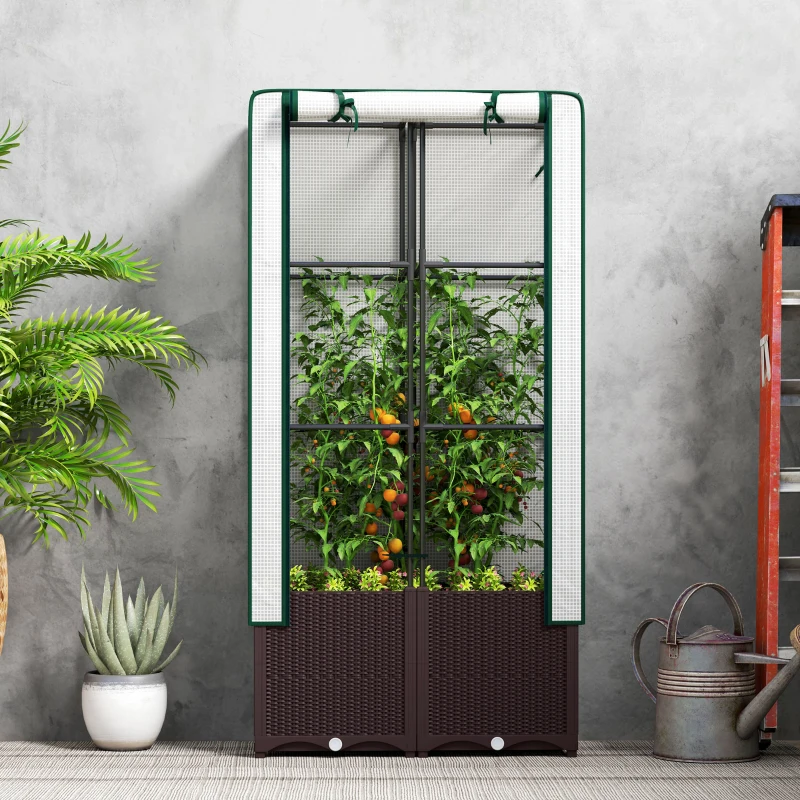 Outsunny Raised Garden Bed with Trellis, Plastic Planter Box with PE Cover, Drainage Holes, Drain Plugs and Water Reservoirs for Climbing Plants, Vegetables, Flowers, 80 x 40 x 140 cm