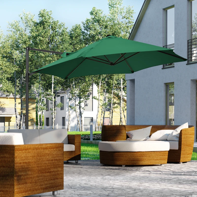 Outsunny 2.5M Garden Cantilever Parasol, Offset Roma Patio Umbrella Hanging Sun Shade Canopy Shelter with 360° Rotation and Cross Base, Green
