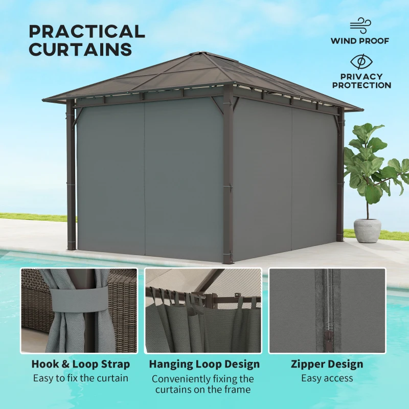 Outsunny 3 x 3.6m Hardtop Gazebo Canopy with Polycarbonate Roof Garden Pavilion with Removable Curtains and Steel Frame, Dark Grey
