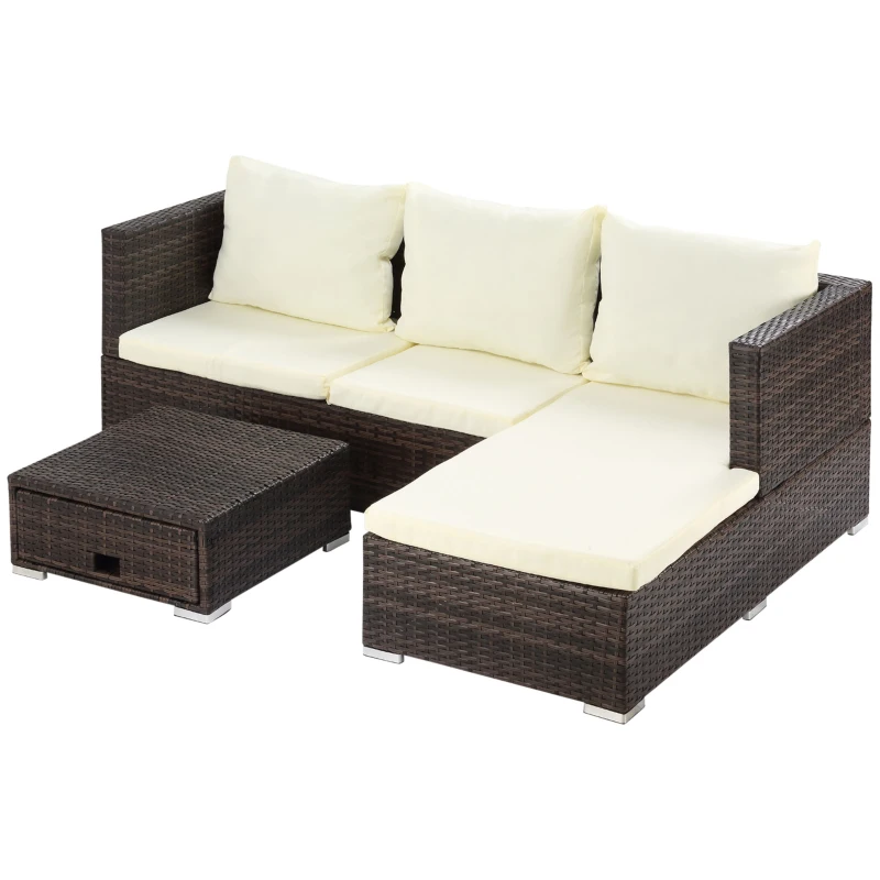 Outsunny 3 Pieces Rattan Garden Furniture Sofa Set, 4 Seater Garden Corner Sofa with 5-Level Reclining Sun Lounger and Storage Coffee Table, Outdoor Furniture Conservatory Set with Cushions, Brown