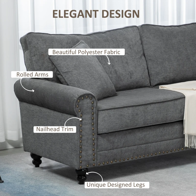 HOMCOM 196cm 3 Seater Sofa, Fabric Sofa with Rubber Wood Legs, Nailhead Trim, 2 Pillows, Small Upholstered Couch Settee for Living Room, Guest Room, Grey