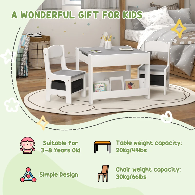 HOMCOM Three-Piece Kids Table and Chair Set with Blackboard, Storage, Bookshelves - Grey
