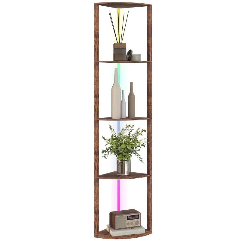 HOMCOM RGB LED Floor Lamp with Shelves, 5-Tier Dimmable Standing Lamp with Adjustable Brightness and Remote Control, Modern Corner Display Shelf Unit for Living Room Bedroom Office, Rustic Brown