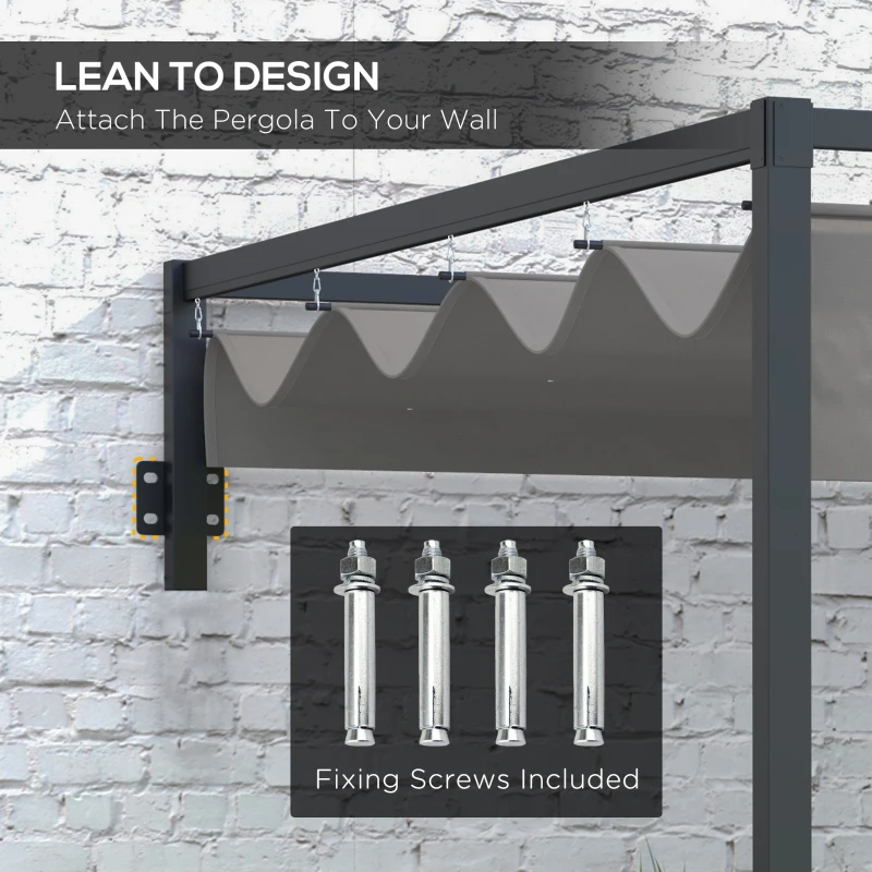 Outsunny 3 x 4m Lean To Steel Pergola, with Moving Fabric Canopy - Dark Grey