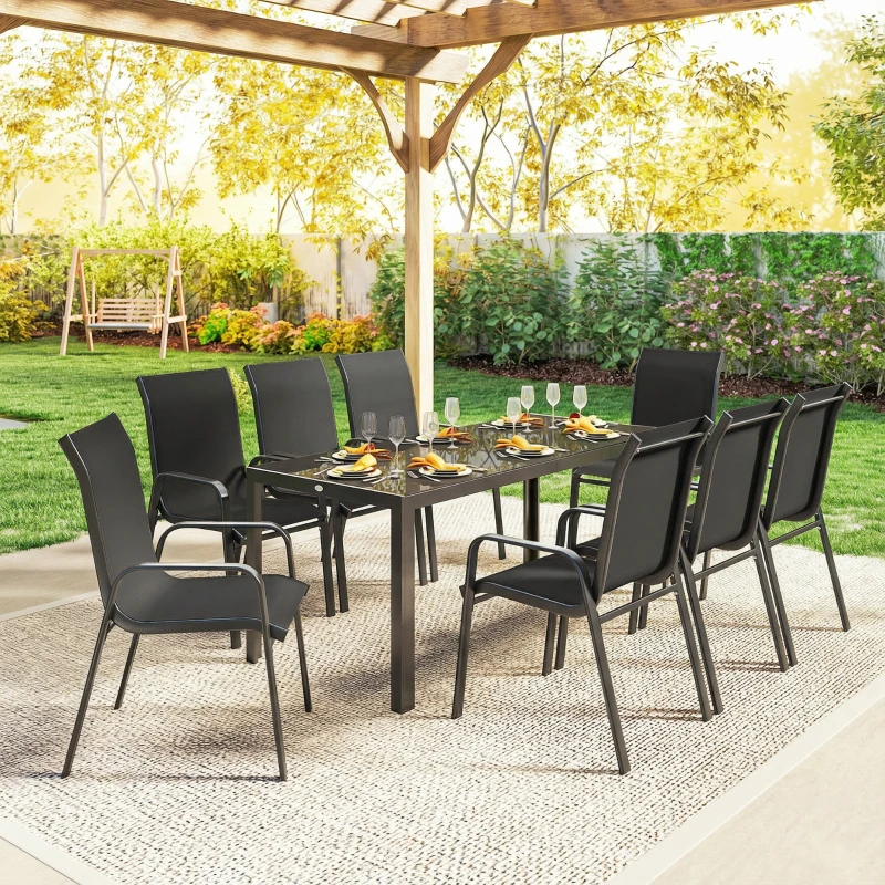 Outsunny 9 Pieces Garden Dining Set, Outdoor Table and Chairs Set for 8, Garden Furniture Set with Tempered Glass Top, Black
