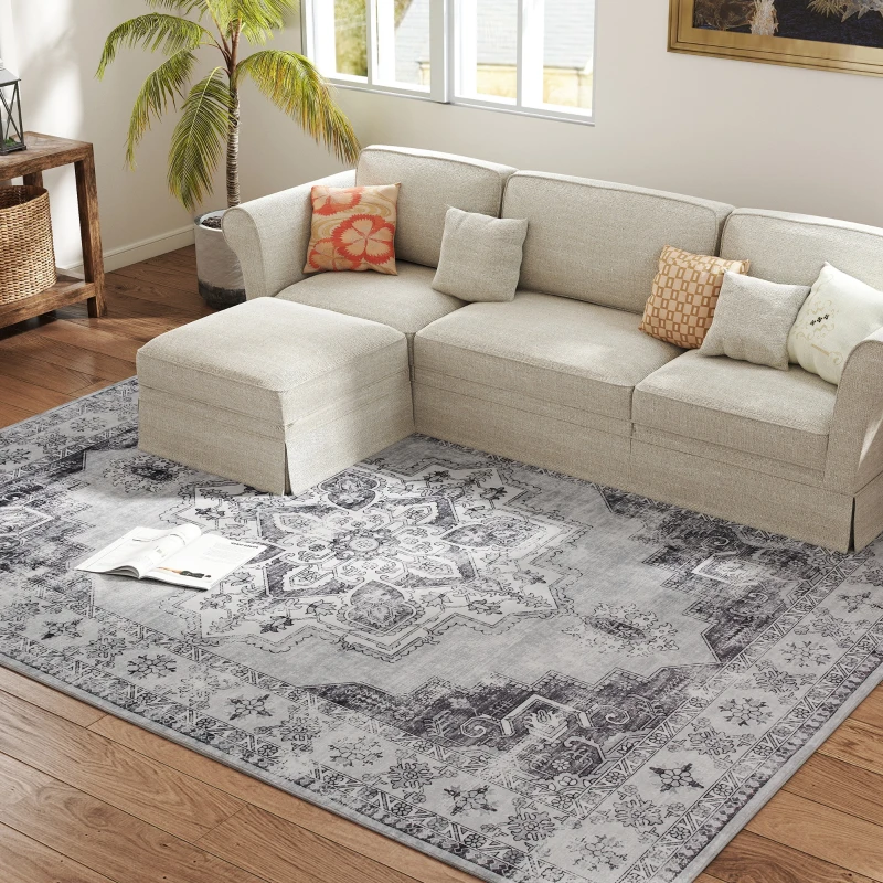HOMCOM Vintage Area Rug, Non-Slip Washable Rug, Flannel Floor Carpet for Living Room, Bedroom, Dining Room, Home Office, 290 x 200 cm, Grey