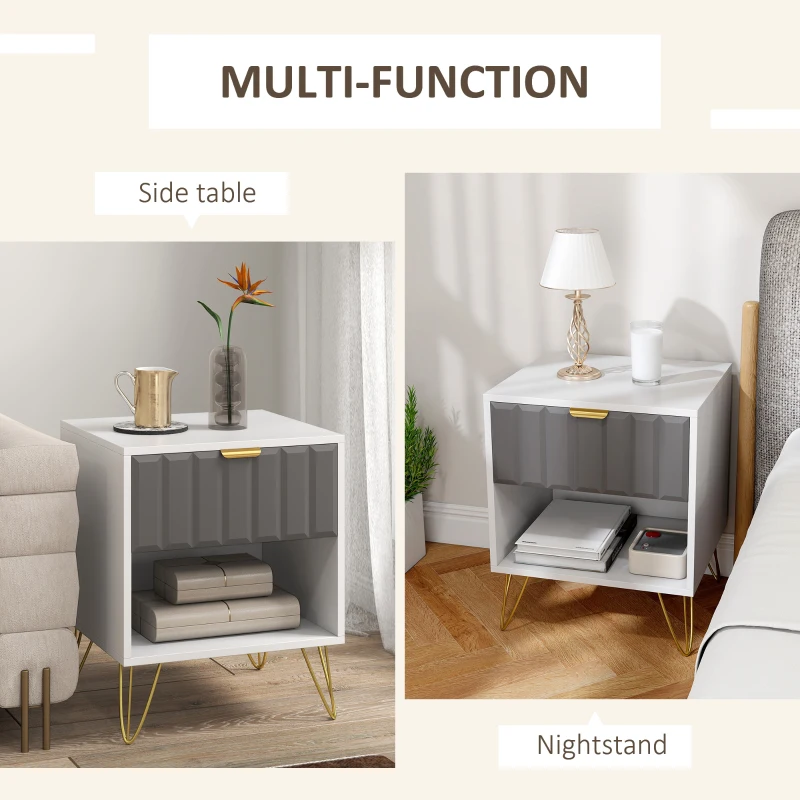 HOMCOM Bedside Table Modern Bedside Cabinet with Drawer and Open Compartment, 45 x 40 x 55, White