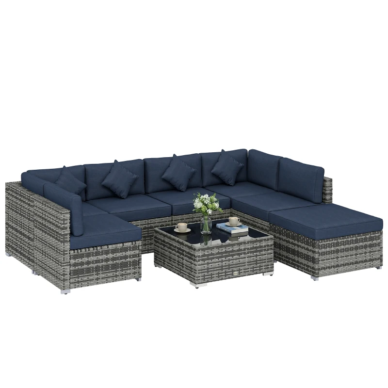 Outsunny 8 Pieces PE Rattan Corner Sofa Set, Outdoor Garden Furniture Set, Patio Wicker Sofa Seater w/ Cushion, Dark Blue