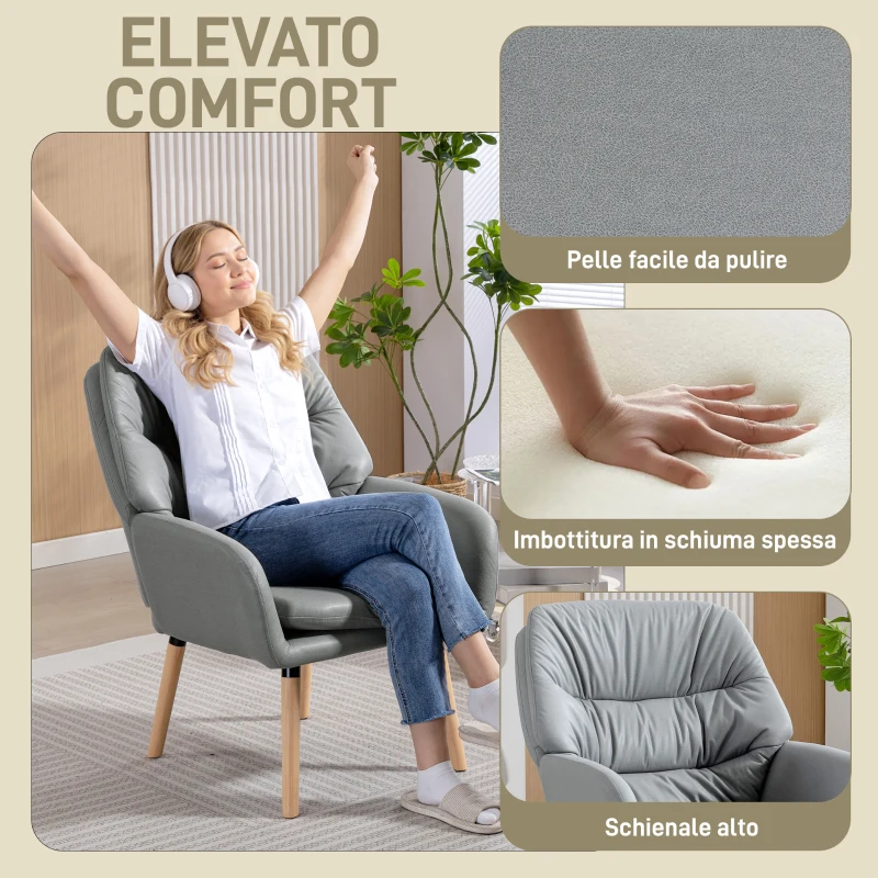 HOMCOM Poltrona Moderna da Camera con Schienale Alto a Doppia Imbottitura in Tessuto Effetto Pelle, Grigio
