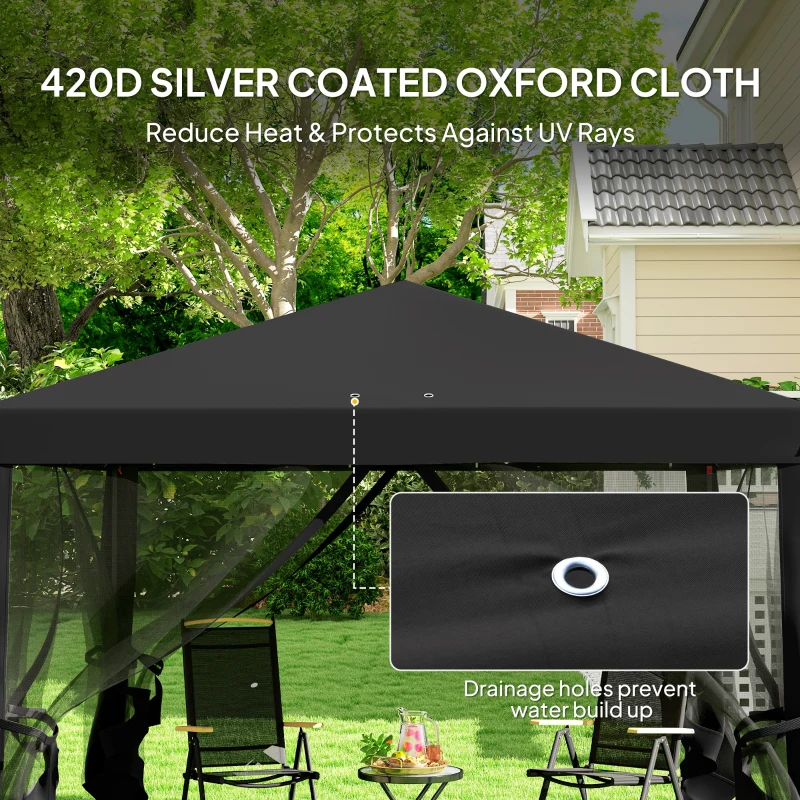 Outsunny 3 x 3 m Pop Up Gazebo, 420D Garden Tent Canopy with Removable Mesh Sidewall Netting, Carry Bag for Garden Patio Outdoor, Black