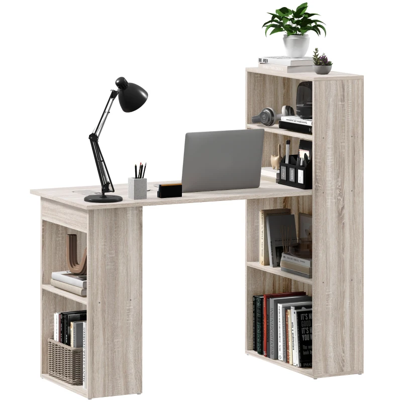 HOMCOM 120cm Computer Desk, Wooden PC Laptop Table with 6-Tier Storage Bookshelves, Home Office Working Study Desk, Writing Workstation, Grey