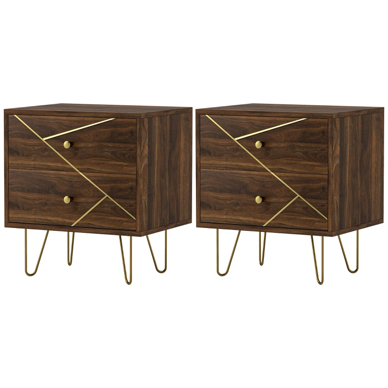 HOMCOM Bedside Tables Set of 2, Modern Side Table Set with 2 Drawers and Steel Hairpin Legs, Nightstand for Bedroom, Brown Wood Grain