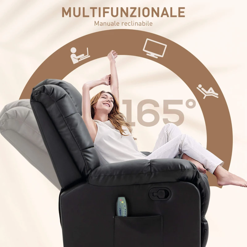HOMCOM Poltrona Relax con 8 Punti Massaggio e Reclinazione a 165° in Finta Pelle, Nero