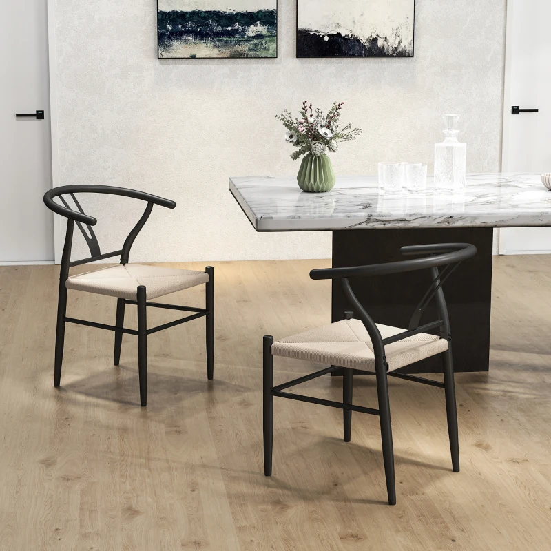 HOMCOM Set of Two Weave Dining Chairs with Y-Shaped Backrest Hemp Seat - Black/Beige