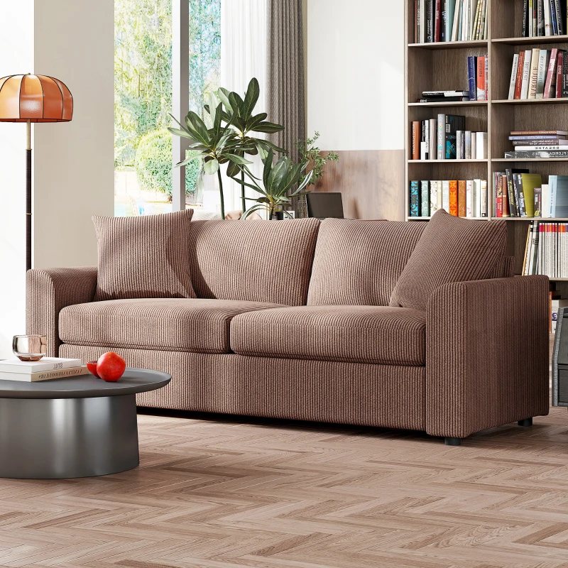 HOMCOM Modern 3 Seater Sofa with Spring Cushion, 212 cm Fabric Jumbo Cord Sofa Couch with 2 Scatter Cushions, Upholstered Corduroy Settee for Living Room, Bedroom, Home Office, Coffee