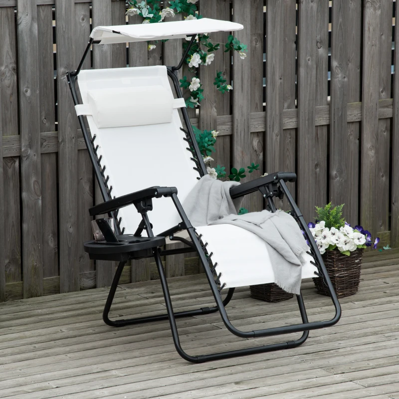 Outsunny Zero Gravity Garden Folding Patio Sun Lounger w/Cup Holder & Canopy Shade White