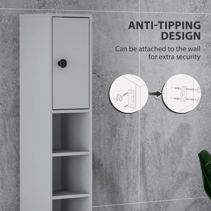 kleankin 180cm Slim Bathroom Cabinet, with Drawer, Shelves and Cupboards - Grey