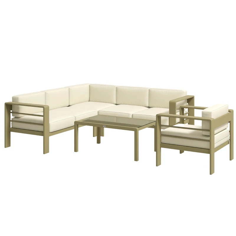 Outsunny 5-Piece Garden Corner Sofa Set with Cushions, 6 Seater Aluminium Garden Furniture Set with Glass Top Coffee Table, Patio Sectional Conservatory Furniture for Patio & Terrace, Gold Tone