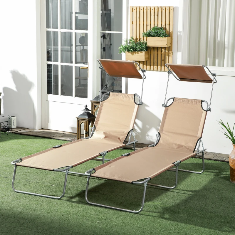 Outsunny Folding Sun Lounger Set of 2 with Canopy, Reclining Sunbed with 4-Position Adjustable Backrest, 600D Oxford Cloth, Portable Garden Lounger Recliner Chair for Beach, Camping, Patio, Sand