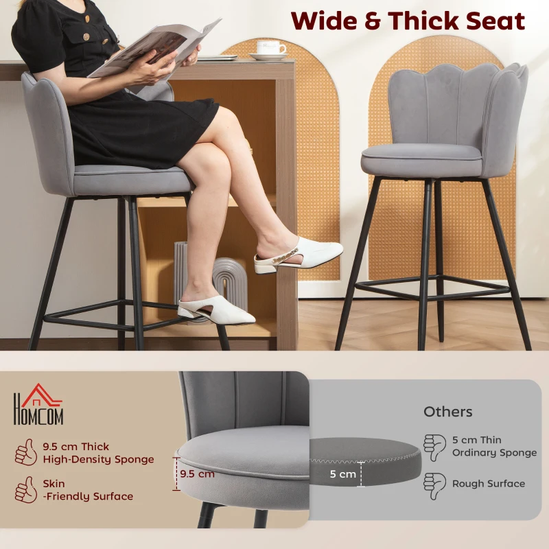 HOMCOM Set of Two Velvet-Feel Lotus Bar Stools - Grey