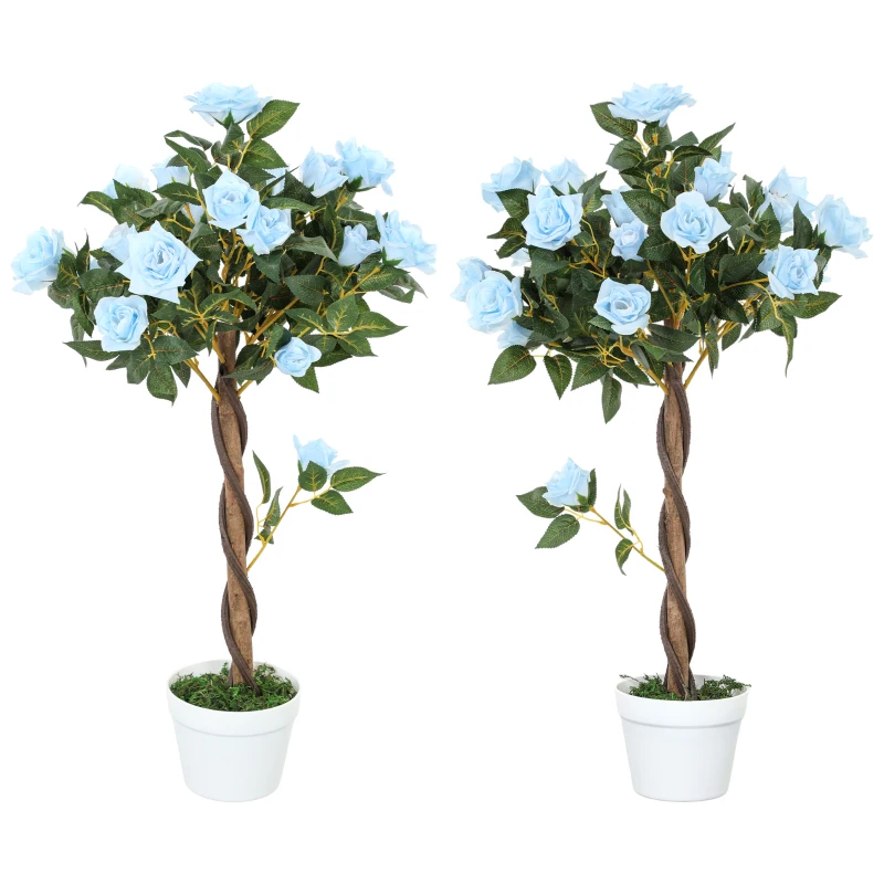 Outsunny Set of 2 Artificial Plants White Rose Floral in Pot, Fake Plants for Home Indoor Decor, 90cm, Light Blue