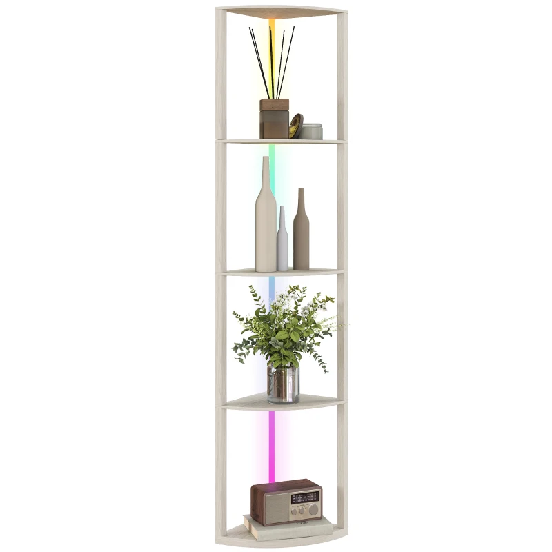 HOMCOM RGB LED Floor Lamp with Shelves, 5-Tier Dimmable Standing Lamp with Adjustable Brightness and Remote Control, Modern Corner Display Shelf Unit for Living Room Bedroom Office, Oak