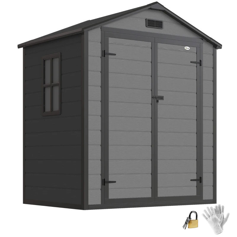 Outsunny 6'x4.5' Garden Storage Shed, Lockable Garden Shed with Double Doors, Window, Vent and Plastic Roof, Dark Grey