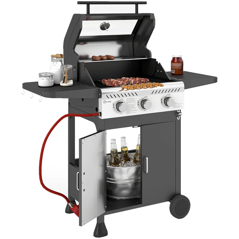 Outsunny 7.5kW Three-Burner Gas BBQ Grill, with See-Through Lid - Black