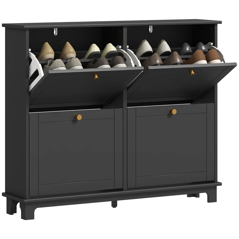 HOMCOM Narrow Shoe Storage Cabinet, Slim Shoe Cabinet with 4 Flip Drawers, Adjustable Shelves for 16 Pairs of Shoes, Black