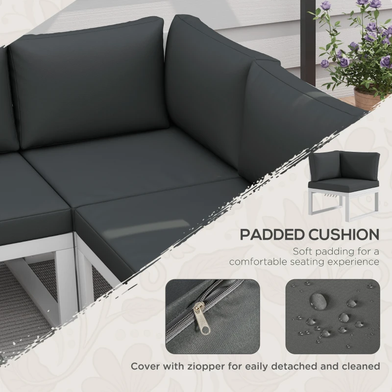 Outsunny 4 Pieces Garden Furniture Set, 5-Level Reclining Garden Corner Sofa Set, Outdoor Lounge Conversation Sectional with Cushions, Wood Effect Plastic Table, White Frame & Grey Cushion