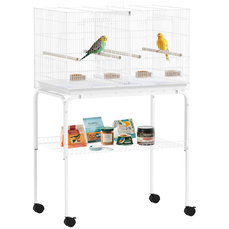 PawHut Bird Cage with Divider, 4 Wooden Perches, Slide Out Tray, 4 Feeders, for Budgie, Lovebird, Canary, 76 x 46 x 116cm White