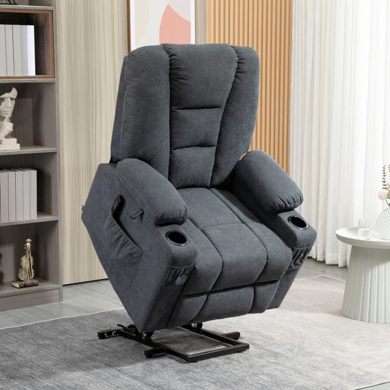 HOMCOM Oversized Riser and Recliner Chair for the Elderly, Fabric Upholstered Lift Chair for Living Room with Remote Control, Side Pockets, Cup Holder, Charcoal Grey
