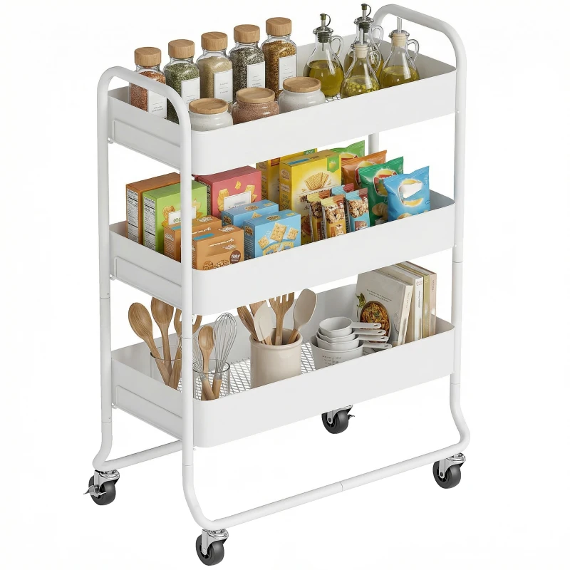 HOMCOM 3-Tier Storage Trolley on Wheels, Rolling Utility Cart with Mesh Backets for Kitchen, Bathroom, Bedroom, White