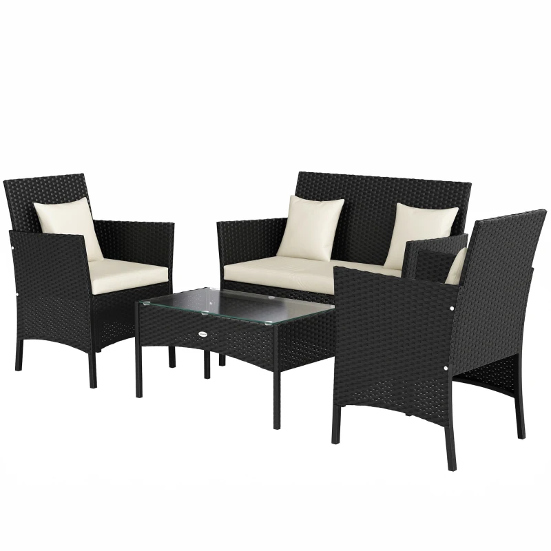 Outsunny Set da Giardino 4Pezzi in Rattan con 2 Sedie, Poltrona da Giardino a 2 Posti e Tavolino Basso