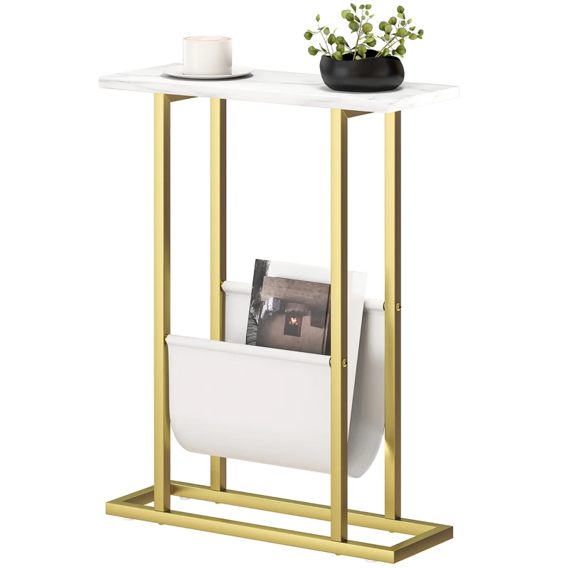 HOMCOM Narrow Side Table, End Table with Magazine Holder, Nightstand for Small Spaces, Living Room, Bedroom, White Marble Grain