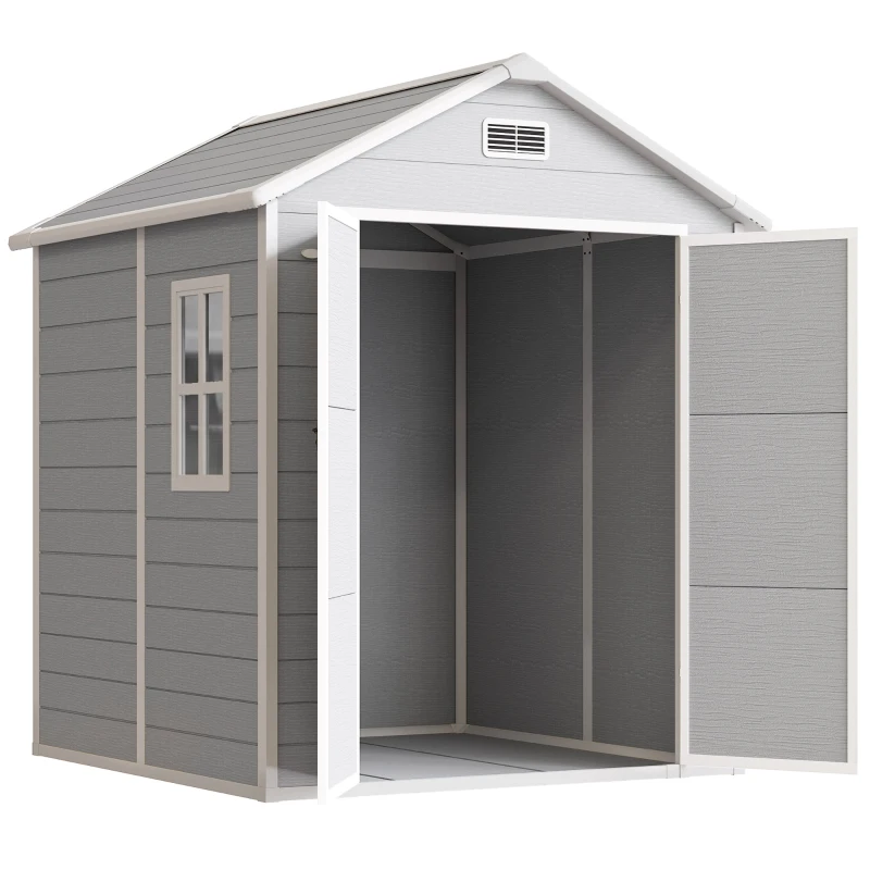 Outsunny 6 x 5ft Garden Shed, Plastic Shed with Floor, Window, Lockable Doors and Vents, Wood Effect Resin Tool Shed for Outdoor Patio, Light Grey