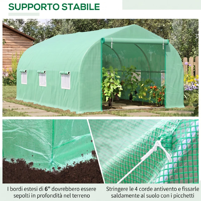 Outsunny Serra per Orto a Tunnel 4.5x3x2m con Tetto Spiovente in PE e Tubi d'Acciaio Verde Scuro