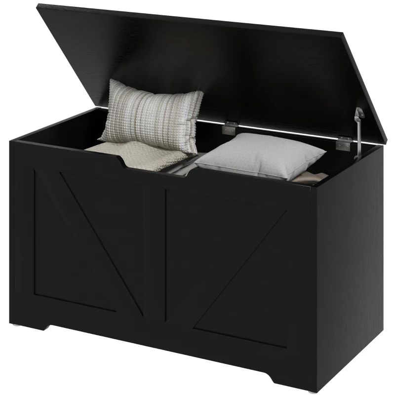 HOMCOM 100L Home Storage Box, with Safety Hinges - Black Wood-Effect
