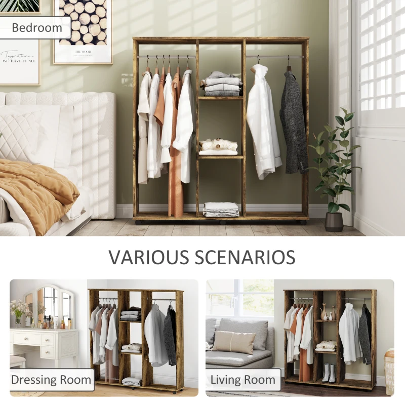 HOMCOM Open Wardrobe Double Mobile Storage Shelves Organizer W/6 Wheels-Rustic Brown