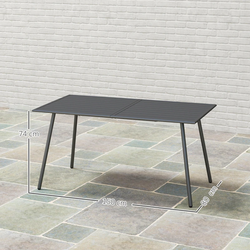 Outsunny Rectangle Garden Table with Slat Top, Steel Frame, Outdoor Table for 6 Person, 150 x 80 x 74 cm, Grey