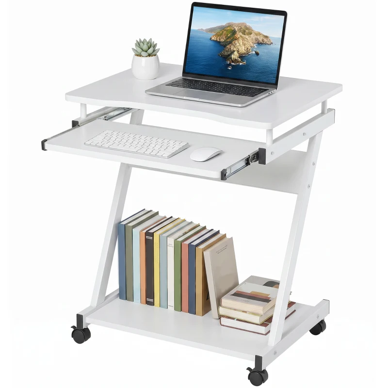 HOMCOM Mesa de Ordenador con Ruedas 60x48 cm con Bandeja Deslizante para Teclado y Estante Inferior Marco Metálico Blanco