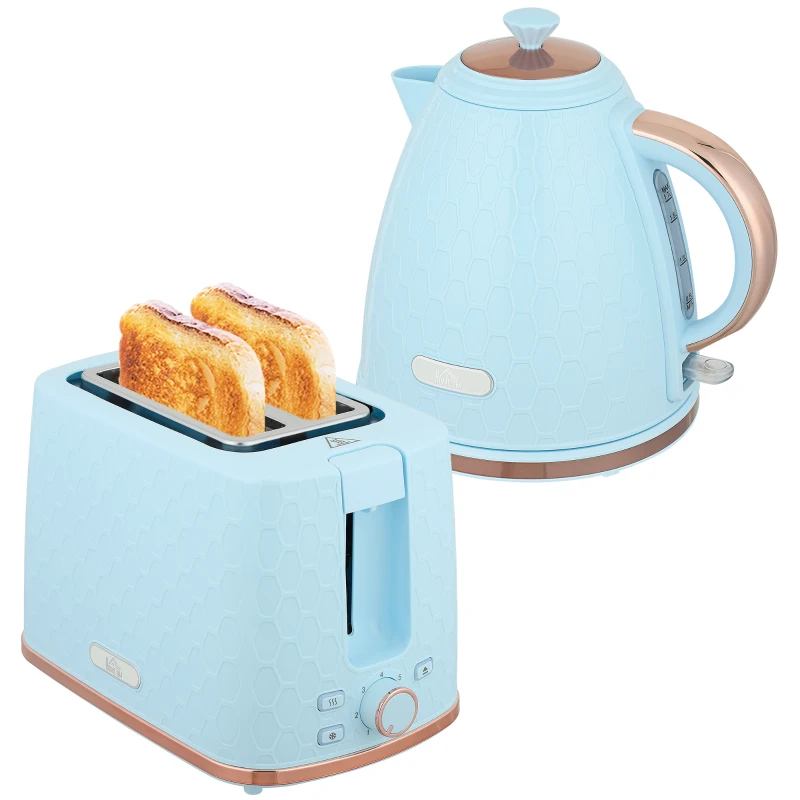 HOMCOM 1.7L 3000W Fast Boil Kettle & 2 Slice Toaster Set, Kettle and Toaster Set with Auto Shut Off, Browning Controls, Light Blue