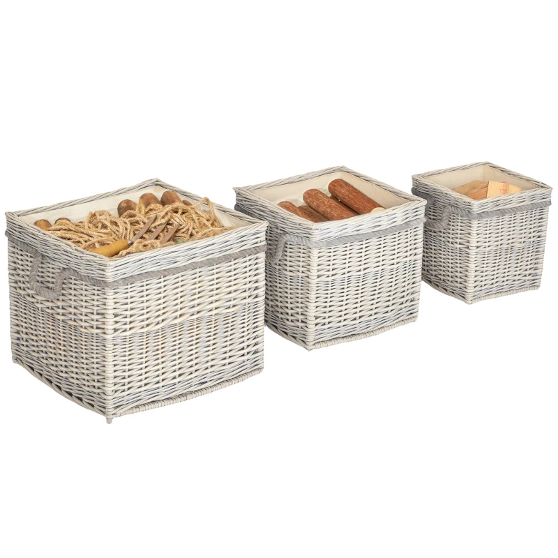 Outsunny Set of 3 Log Baskets for Wood Burner Indoor, Storage Basket with Lining and Rope Handles, Wicker Basket for Fireside Storage, Blankets, Beige