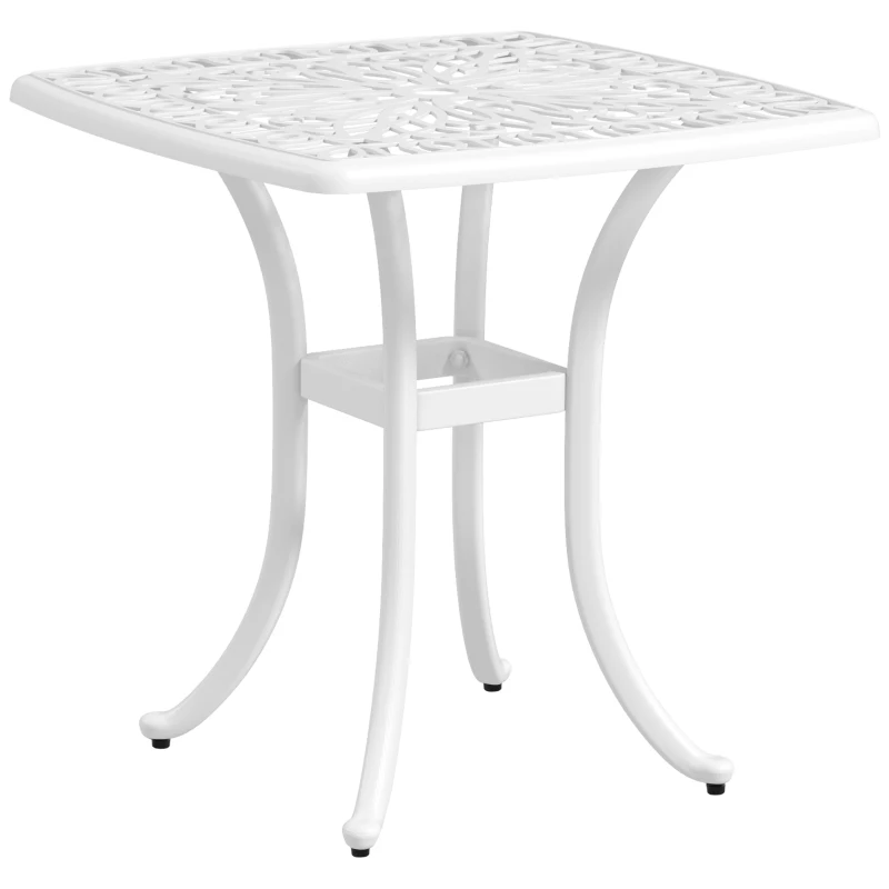 Outsunny Cast Aluminium Bistro Table, Outdoor Square Side Table with Umbrella Hole, Garden Table for Balcony, White