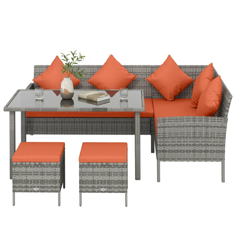 Outsunny 6-Seater Rattan Dining Set Sofa Table Footstool Outdoor w/ Cushion Garden Furniture, Orange